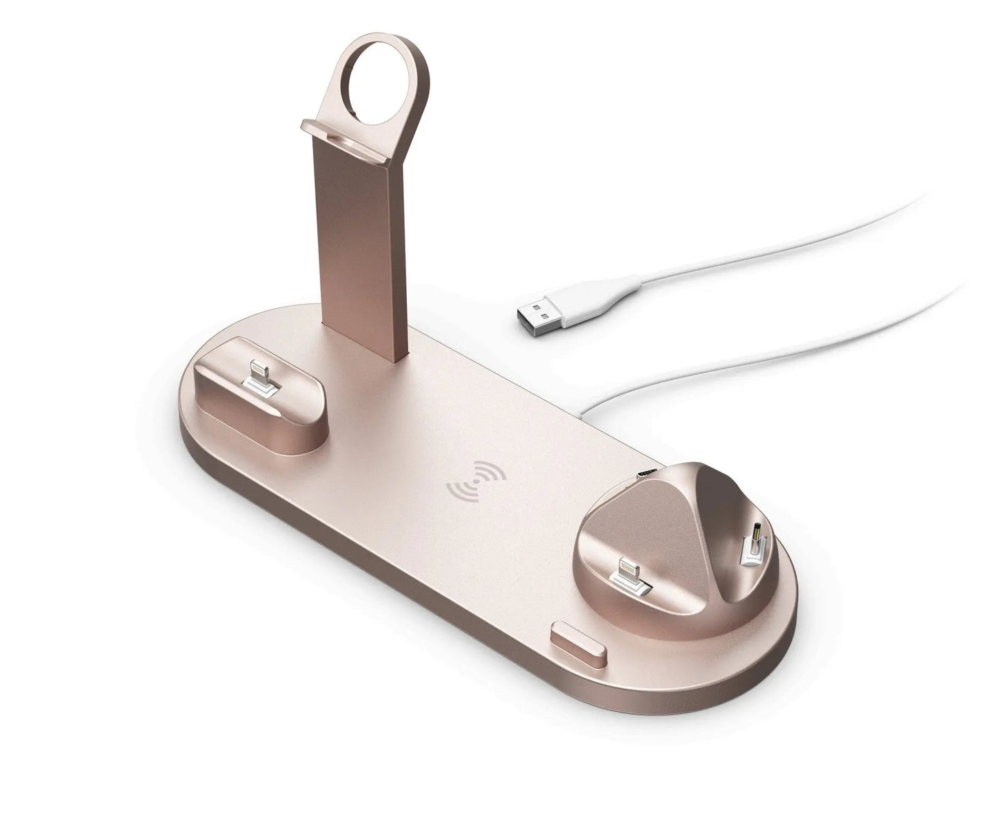 Rose gold wireless charging stand for phone, headset, and watch with USB cable on a white background