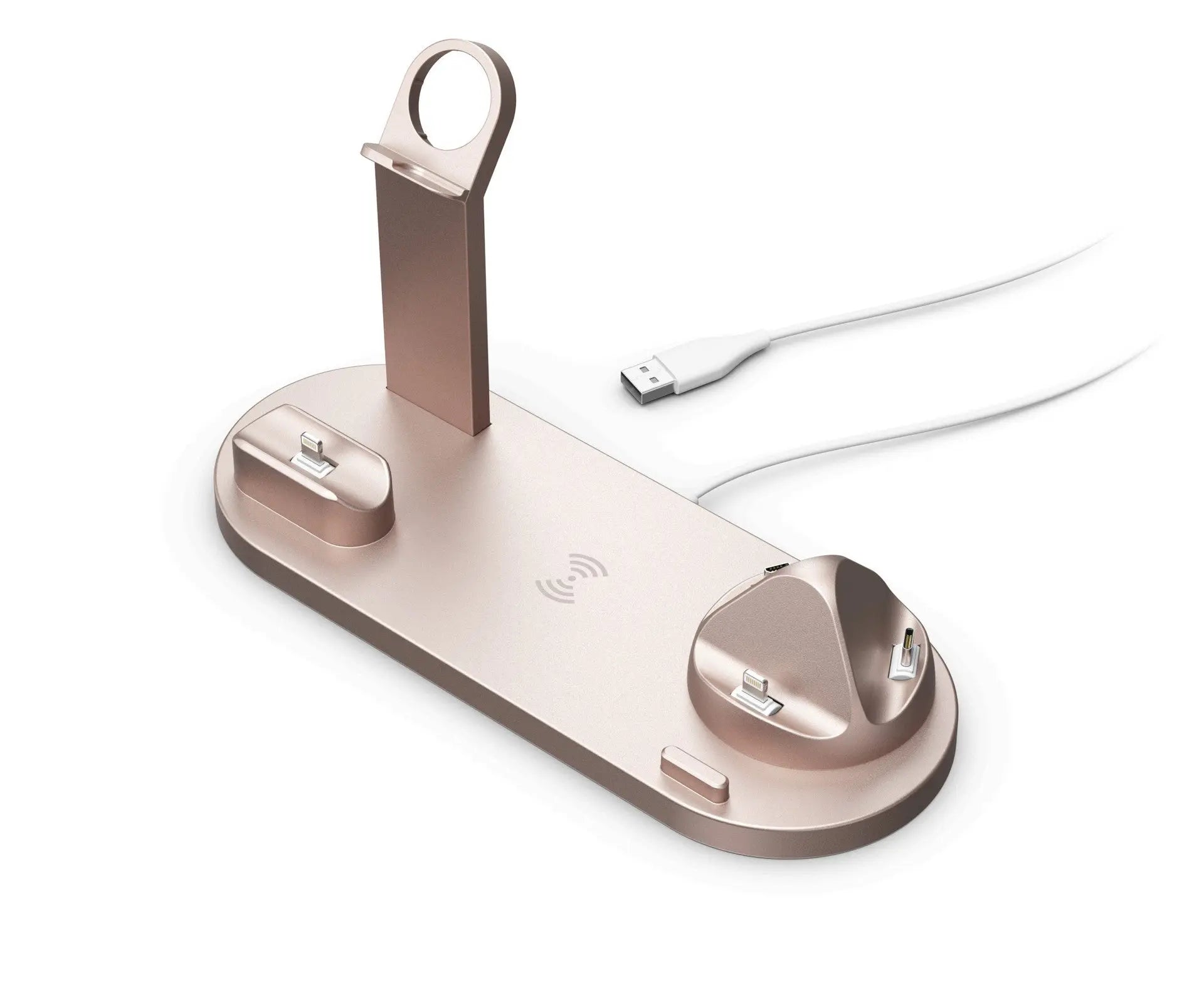 Rose gold wireless charging stand for phone, headset, and watch with USB cable on a white background
