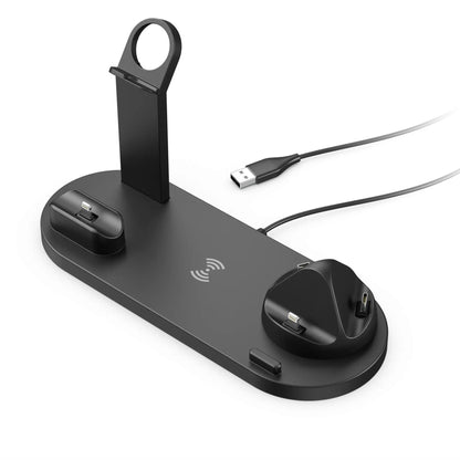 Black mobile phone wireless charger stand with headset and watch charging docks and USB cable attached