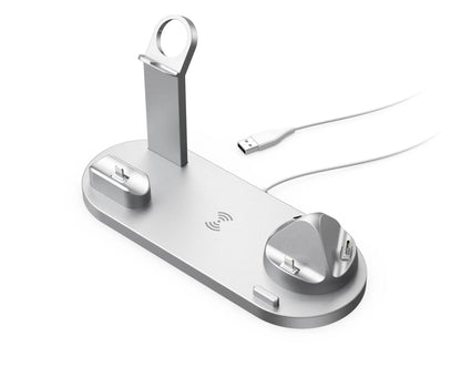 Silver multi-device wireless charger stand with USB cable for phone, watch, and headset charging docks