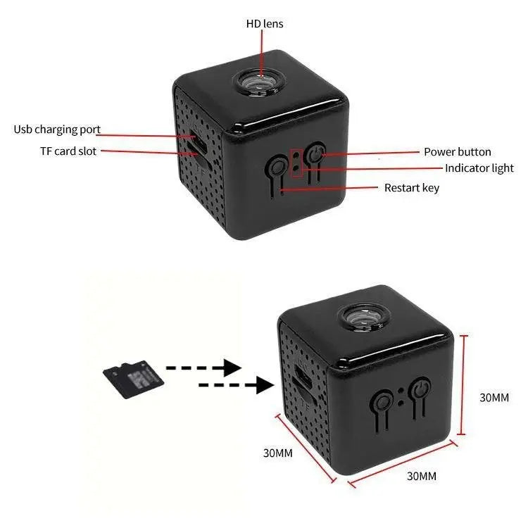 Black compact Modern Tech Cube smart home camera showing HD lens, USB charging port, TF card slot, and control buttons