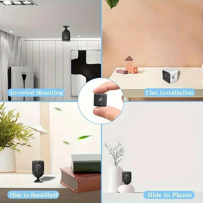 Modern Tech Cube Smart Home Camera shown in inverted mount, flat surface, bookshelf, and plant placement options