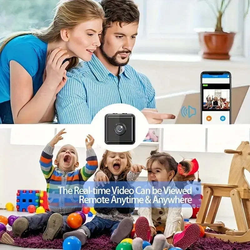 Couple viewing live feed from Modern Tech Cube smart home camera showing children playing remotely on smartphone screen