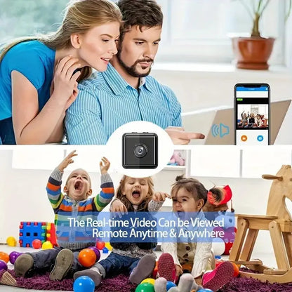 Couple viewing live feed from Modern Tech Cube smart home camera showing children playing remotely on smartphone screen