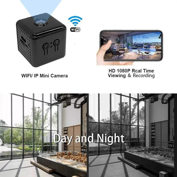Black cube-shaped WiFi mini smart home camera with HD 1080P real-time viewing displayed on smartphone screen