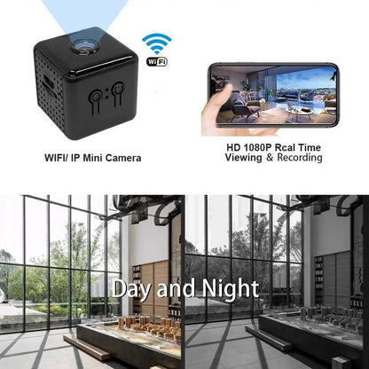 Black cube-shaped WiFi mini smart home camera with HD 1080P real-time viewing displayed on smartphone screen