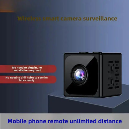 Black Modern Tech Cube wireless smart home camera with lens on display against dark background text annotations