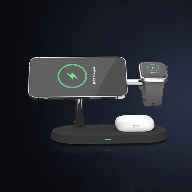 Black multifunctional 5-in-1 wireless charging stand with phone, smartwatch, and earbuds charging simultaneously