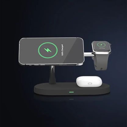 Black multifunctional 5-in-1 wireless charging stand with phone, smartwatch, and earbuds charging simultaneously
