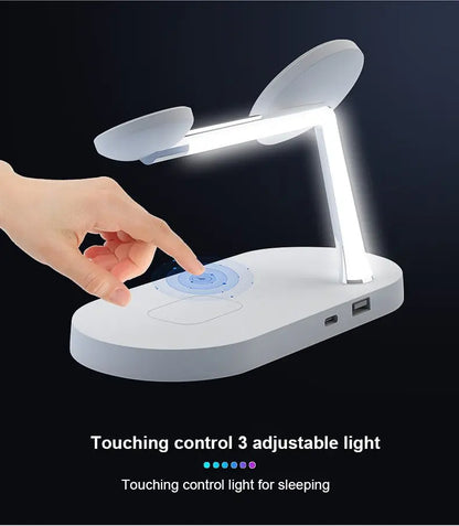 Touch control adjustable LED desk lamp with built-in wireless charging pad and USB ports on white base