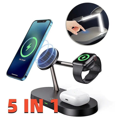 Multifunctional 5-in-1 magnetic wireless charger with phone stand, smartwatch dock, earbuds charging case, and LED desk lamp