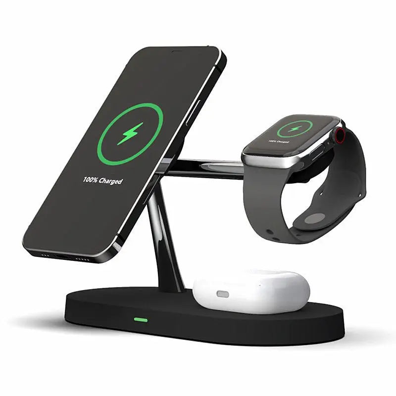 Black multifunctional five-in-one wireless charging stand with phone, smartwatch, and earbuds charging features