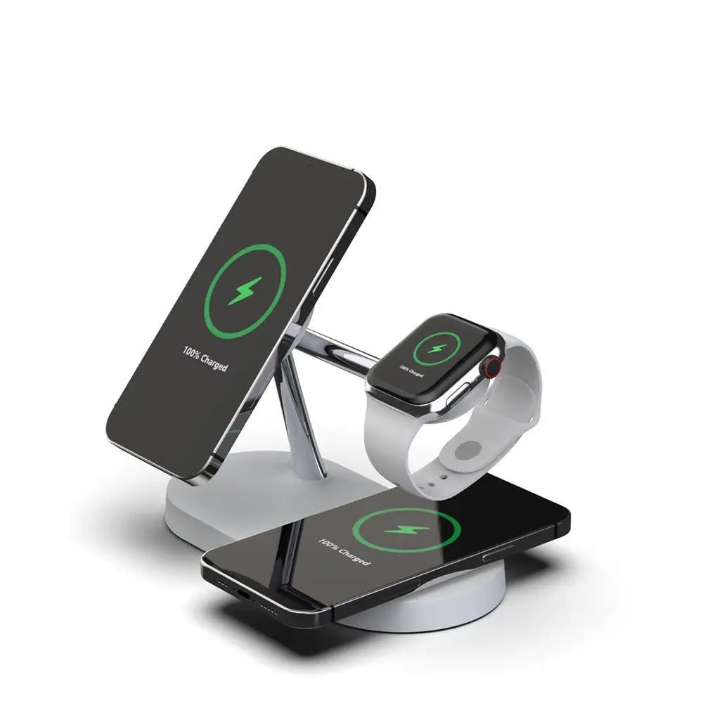 Multifunctional white five-in-one magnetic wireless charger holding phone, smartwatch, and earbuds with 15W fast charge