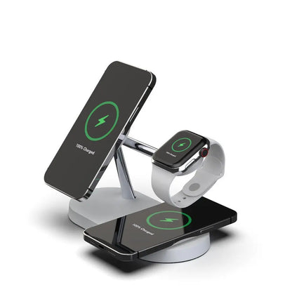Multifunctional white five-in-one magnetic wireless charger holding phone, smartwatch, and earbuds with 15W fast charge