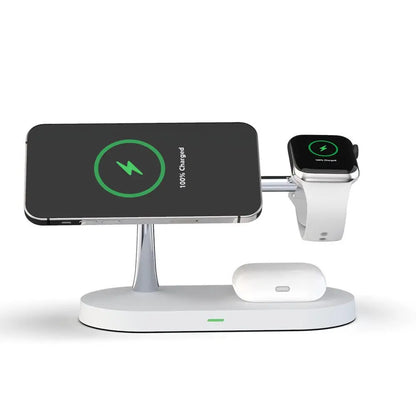 Multifunctional five-in-one wireless charging station with smartphone, smartwatch, and earbuds on white desktop stand