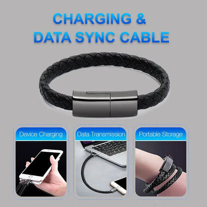 Black braided leather bracelet USB charging and data sync cable with magnetic clasp for iPhone and portable use