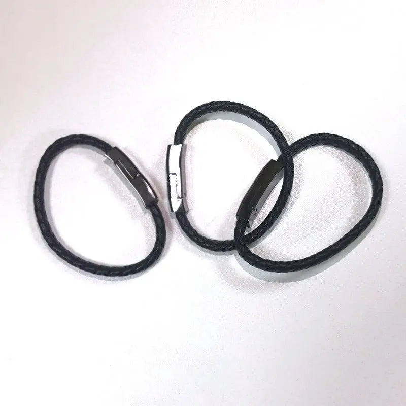 Set of three black braided leather bracelet charger cables with metal USB connectors for iPhone and USB-C devices