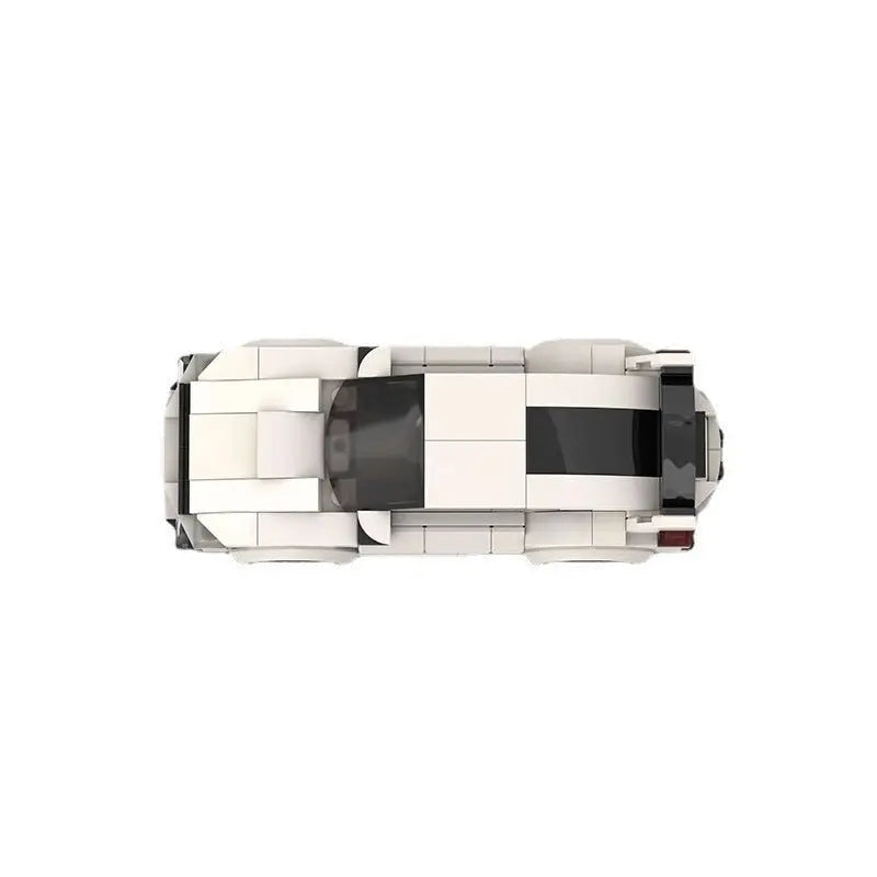 Top view of a white and black high-tech building block plastic toy car with small particle ABS blocks