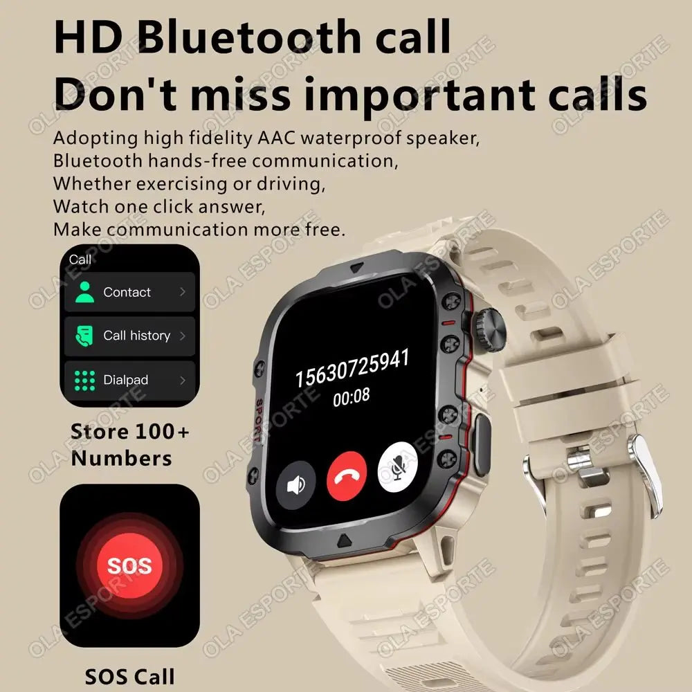 Beige men's smartwatch with 1.81-inch HD display showing Bluetooth call interface and SOS call feature description