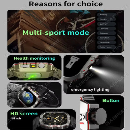 Smartwatch multi-sport modes with health monitoring, emergency flashlight, 1.81-inch HD screen, and side button features