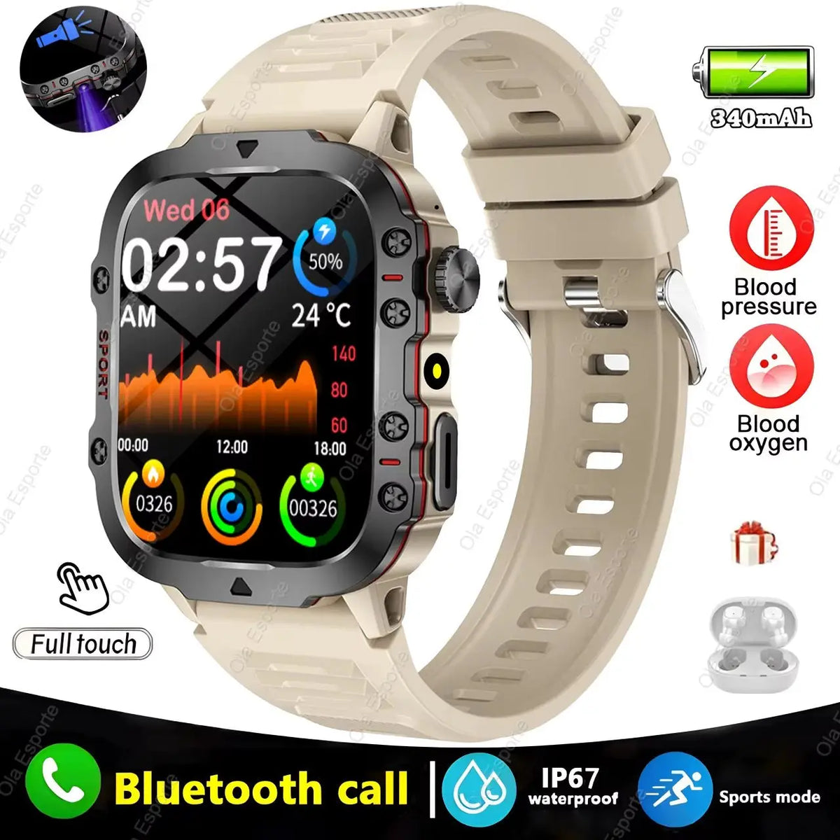 Beige smart watch for men with 1.81-inch HD touchscreen, Bluetooth call, fitness tracking, and IP67 waterproof design