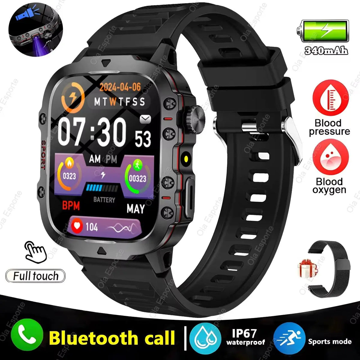 Black men's smartwatch with full touch screen, Bluetooth call, fitness tracking, flashlight, and IP67 waterproof design
