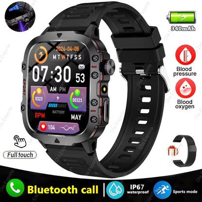 Black men's smartwatch with full touch screen, Bluetooth call, fitness tracking, flashlight, and IP67 waterproof design