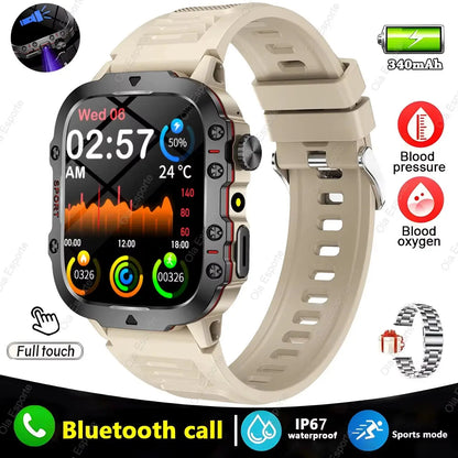 Beige men's smartwatch with full touch 1.81-inch display showing fitness stats, Bluetooth call, and health monitoring features
