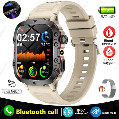 Beige men's smartwatch with 1.81-inch full touchscreen, Bluetooth call, fitness tracking, and IP67 waterproof rating