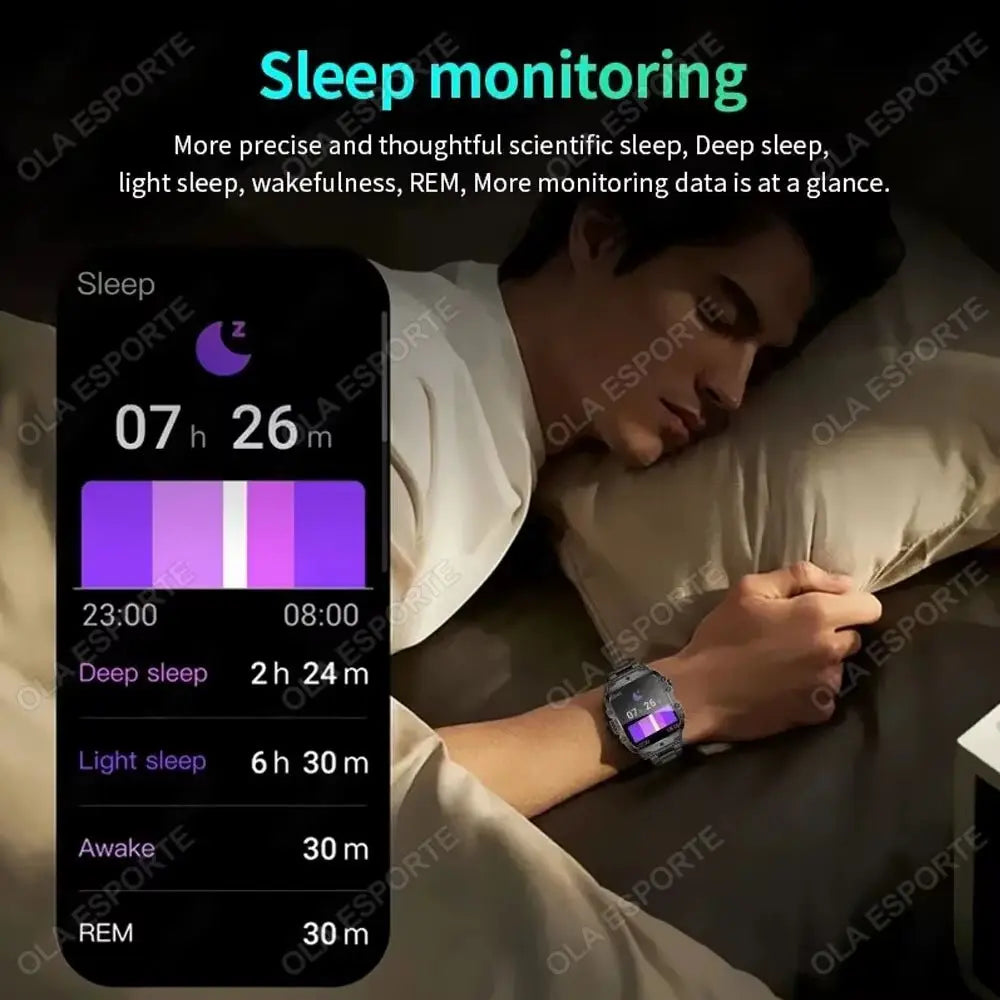 Man sleeping wearing Original Men Smartwatch showing sleep monitoring with deep, light, REM stages on display