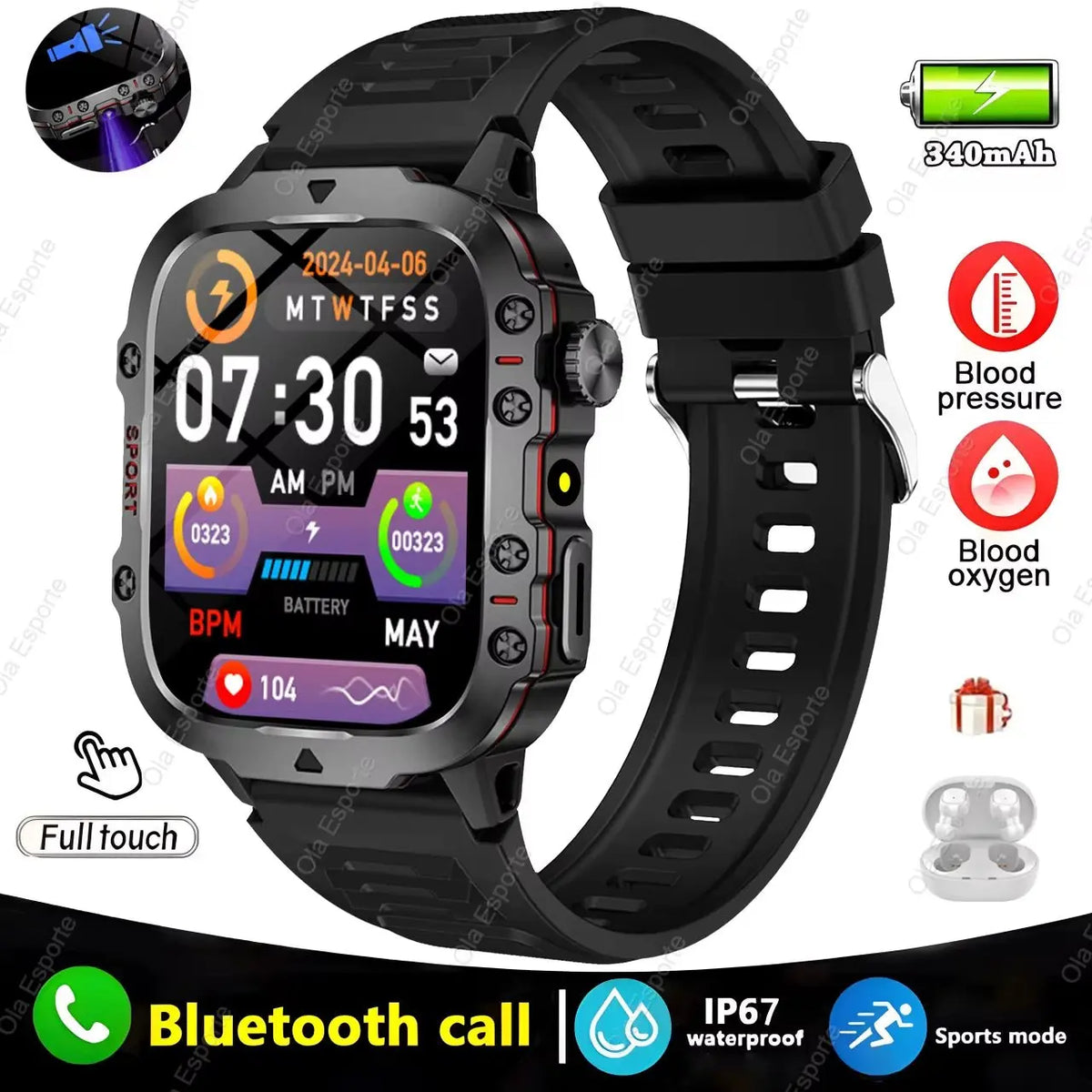 Black men's smartwatch with full touch 1.81-inch display showing fitness, time, and health monitoring features
