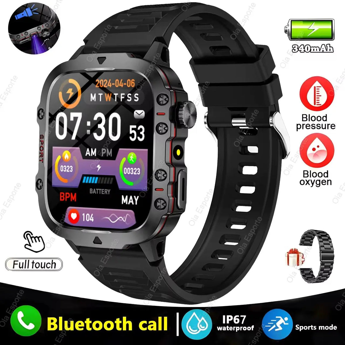 Black men's smartwatch with full touch display showing time, fitness stats, and Bluetooth call feature, black silicone strap