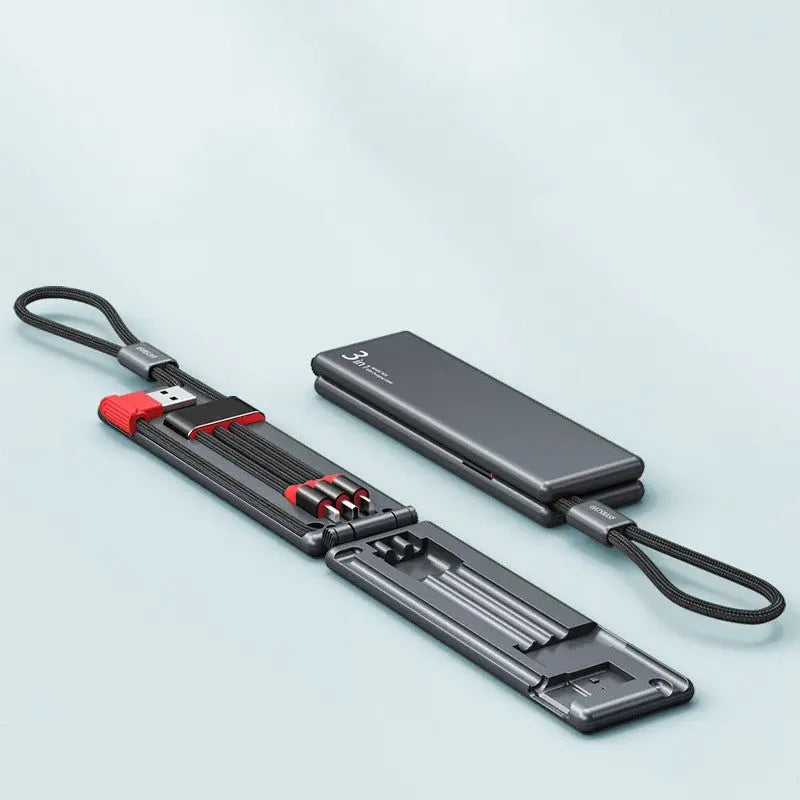 Portable multifunctional one for three charger in black with foldable cables and compact design for easy carrying