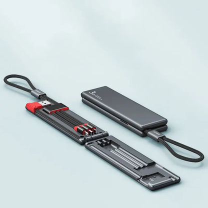 Portable multifunctional one for three charger in black with foldable cables and compact design for easy carrying