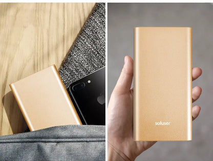 Gold-colored ultra-thin aluminum alloy power bank 12000mAh shown in pocket and held in hand with minimalist design