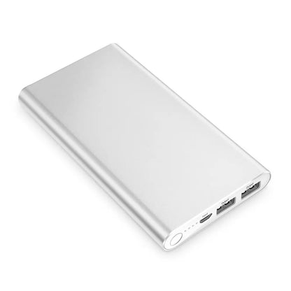 Silver ultra-thin 12000mAh power bank with aluminum alloy casing, featuring USB and micro-USB ports and LED indicator lights
