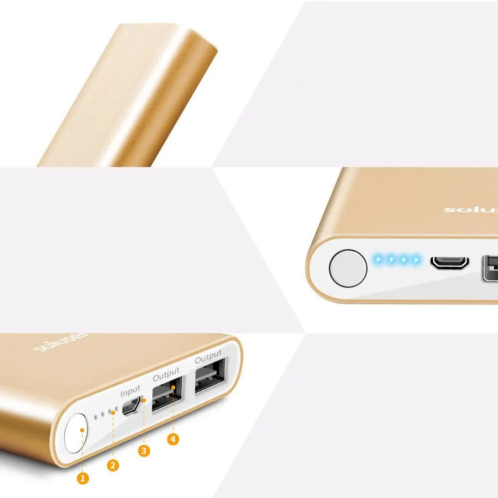 Close-up of gold ultra-thin aluminum alloy 12000mAh power bank showing charging ports and LED battery indicator lights
