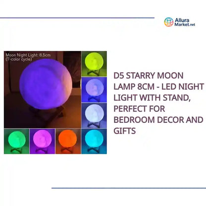 D5 Starry Moon Lamp 8Cm - LED Night Light with Stand, Perfect for Bedroom Decor and Gifts by@Outfy