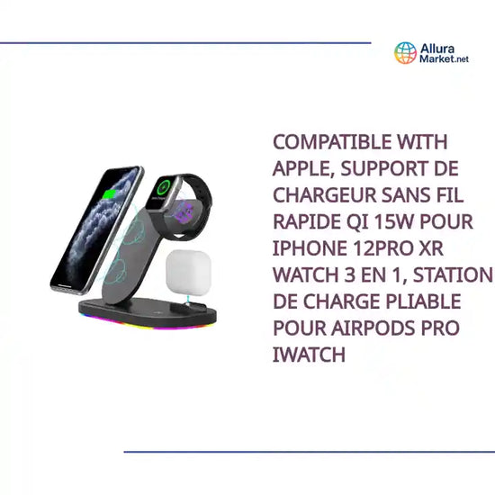Compatible with Apple, Support De Chargeur Sans Fil Rapide Qi 15W Pour iPhone 12Pro XR Watch 3 en 1, Station De Charge Pliable Pour Airpods Pro IWatch by@Outfy