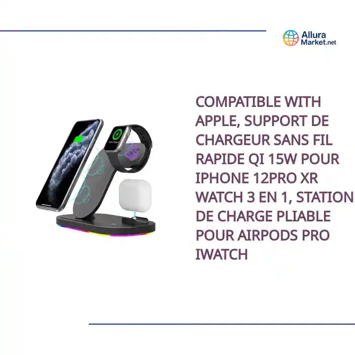Compatible with Apple, Support De Chargeur Sans Fil Rapide Qi 15W Pour iPhone 12Pro XR Watch 3 en 1, Station De Charge Pliable Pour Airpods Pro IWatch by@Outfy