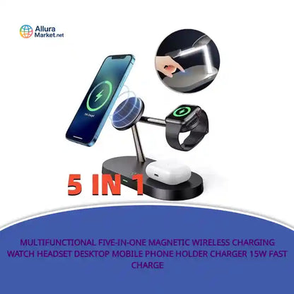 Multifunctional Five-In-One Magnetic Wireless Charging Watch Headset Desktop Mobile Phone Holder Charger 15W Fast Charge by@Outfy