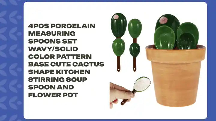 4Pcs Porcelain Measuring Spoons Set Wavy/Solid Color Pattern Base Cute Cactus Shape Kitchen Stirring Soup Spoon and Flower Pot by@Outfy