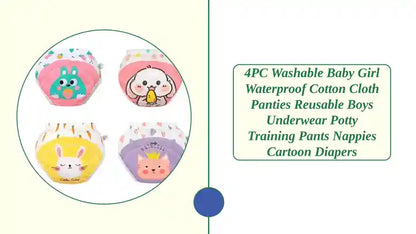 4PC Washable Baby Girl Waterproof Cotton Cloth Panties Reusable Boys Underwear Potty Training Pants Nappies Cartoon Diapers by@Outfy