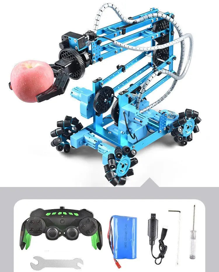 Blue alloy remote control robot with mechanical claw holding an apple, shown with controller and accessories below