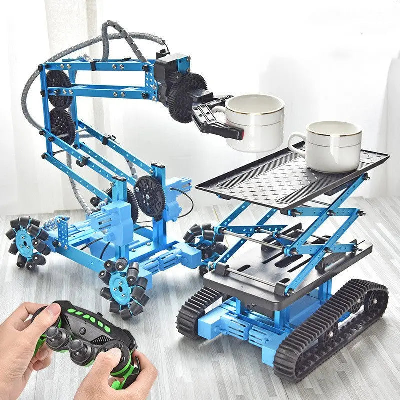 Remote control blue alloy robot machinery for kids with mechanical arm and tank-like tracked base holding cups