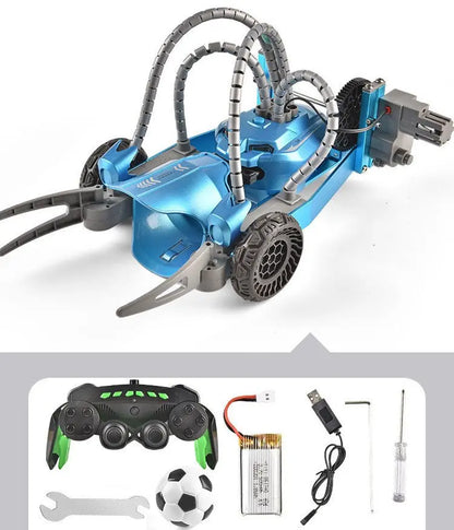 Blue alloy remote control robot with claw arms and flexible tubes shown with controller and accessories