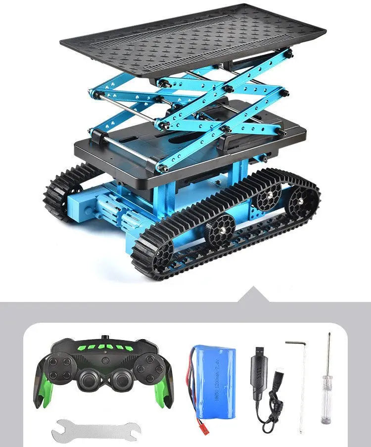 Blue alloy remote control robot with scissor lift mechanism and rubber tank tracks for kids' hands-on play