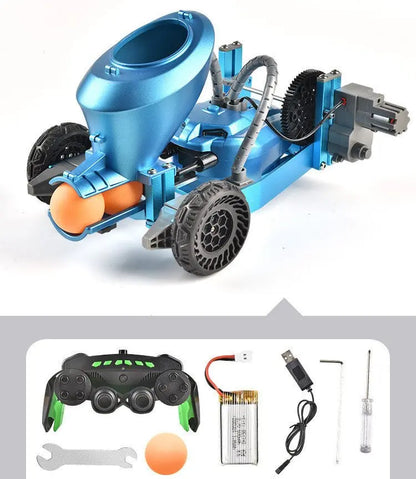 Blue alloy remote control robot vehicle for kids with mechanical design and included accessories below on white background