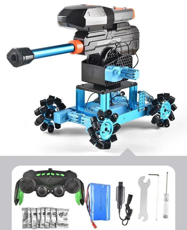 High-tech blue and black alloy remote control robot with mecanum wheels and included controller and tools set