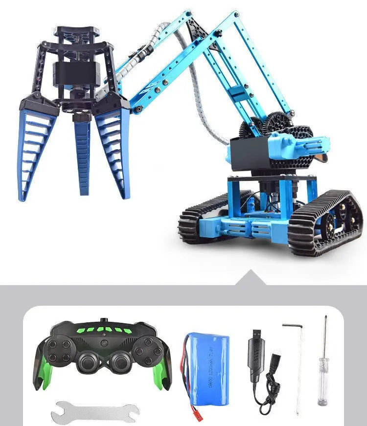 Blue and black remote control robot with mechanical claw and tracked wheels alongside controller and accessories kit